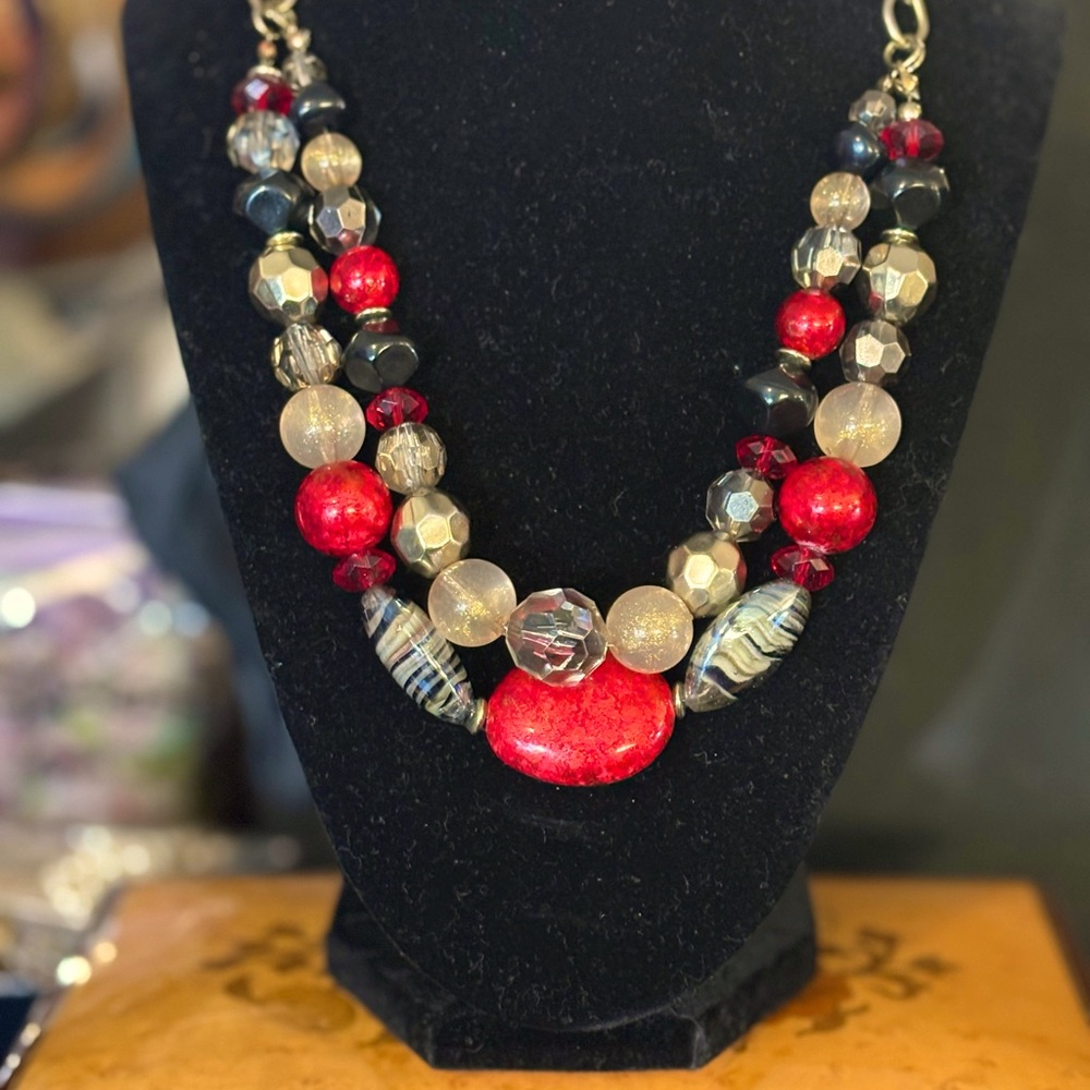 16” gold tone acrylic, metal & glass beaded necklace, red, gold, black and gray.